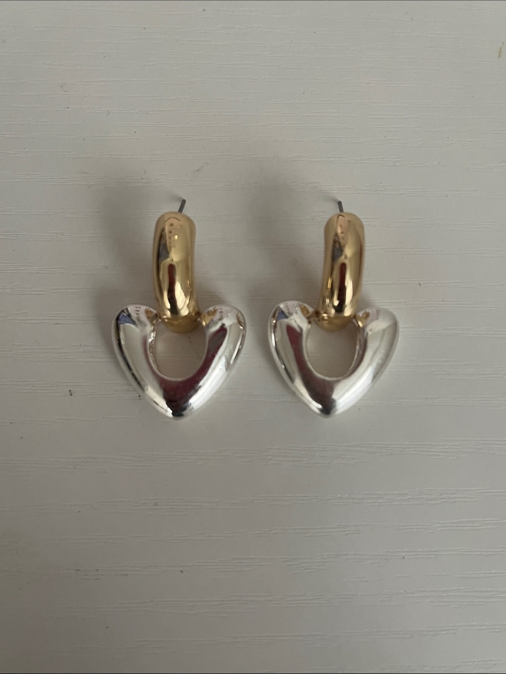 Two-Tone Gold and Silver Heart Drop Earrings